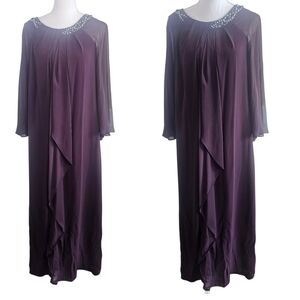 SLNY Plum Embellished Neckline Chiffon Gown | Size 16P